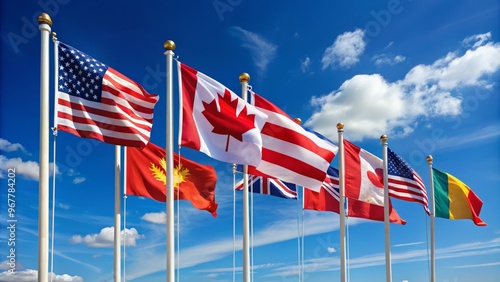 Colorful flags of various nations, including the United States, United Kingdom, Canada, and China, wave together in photo