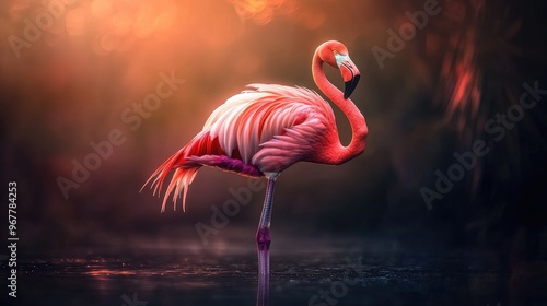 A lone doflamingo bird standing gracefully, its vibrant pink feathers illuminated against a serene background photo