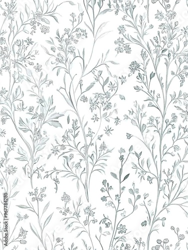 A seamless pattern of delicate wildflowers with intricate details in soft aqua