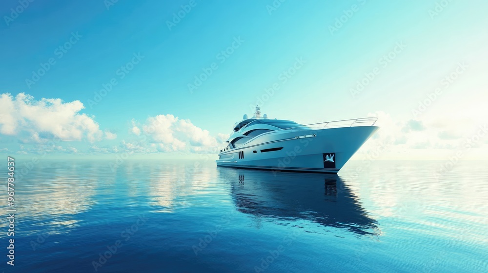 A luxurious yacht gliding on a calm sea, with clear blue skies and serene waters, symbolizing opulence and relaxation in a serene ocean environment A luxurious yacht gliding on a calm sea, with clear blue skies and serene waters, symbolizing opulence and relaxation in a serene ocean environment