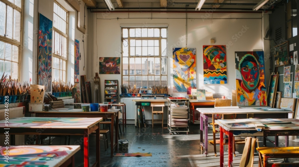 Bright and Creative Art Studio Filled with Colorful Paintings and Art Supplies Bright and Creative Art Studio Filled with Colorful Paintings and Art Supplies