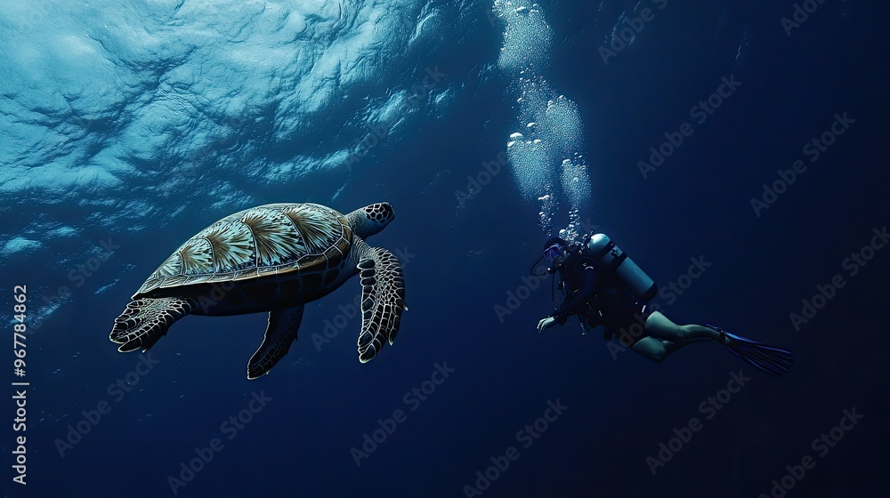 Obraz premium A diver swimming alongside a giant sea turtle in the deep blue ocean, both moving effortlessly through the water.