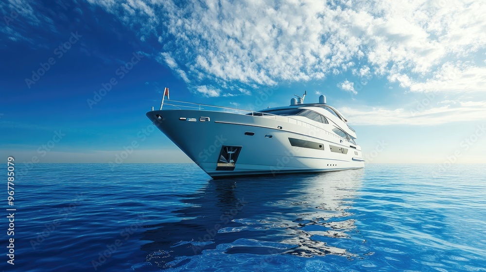 A luxury yacht cruising under a bright blue sky, the calm ocean reflecting the perfect weather, creating an idyllic maritime experience A luxury yacht cruising under a bright blue sky, the calm ocean reflecting the perfect weather, creating an idyllic maritime experience