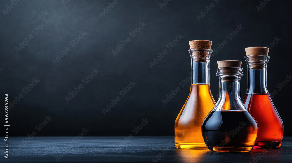 Three glass bottles with cork stoppers filled with different oils on a dark surface, emphasizing culinary uses and elegance. Three glass bottles with cork stoppers filled with different oils on a dark surface, emphasizing culinary uses and elegance.