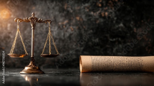 Scales of justice balanced with ancient scrolls and modern technology, symbolizing the evolution of law, past vs present law, historical justice