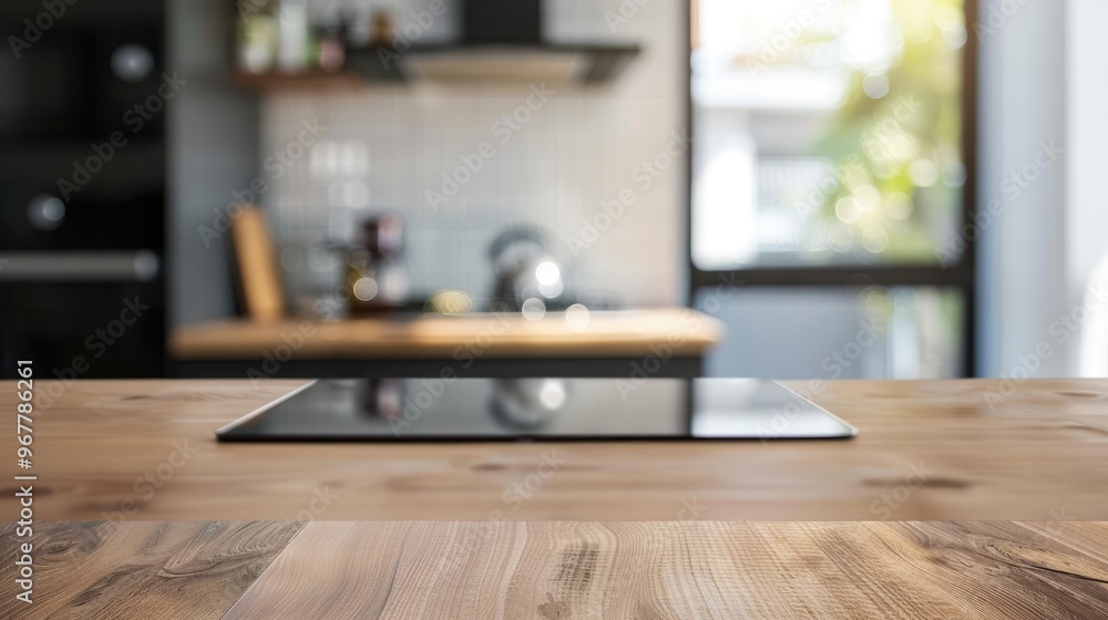 Blurred background of modern kitchen for placing product on tablet top Blurred background of modern kitchen for placing product on tablet top
