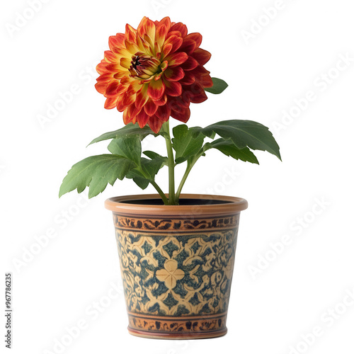 A vibrant dahlia flower in a decorative pot, showcasing nature's beauty for home decor.