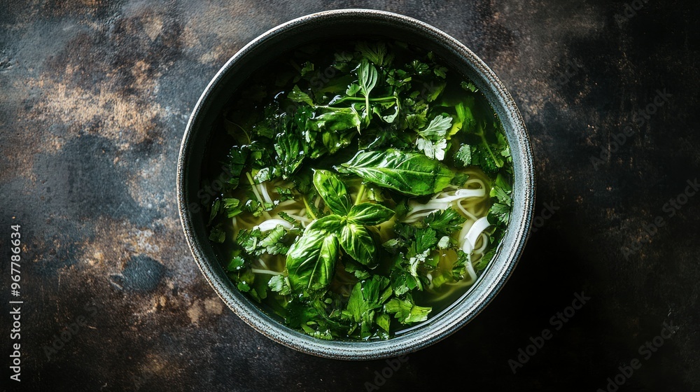 A bowl of aromatic soup topped with fresh herbs and greens. A bowl of aromatic soup topped with fresh herbs and greens.