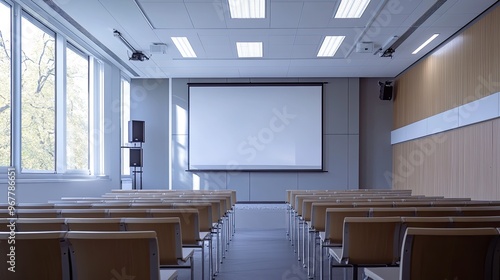 Empty seminar room with a large interactive whiteboard, clean and ready for training session photo