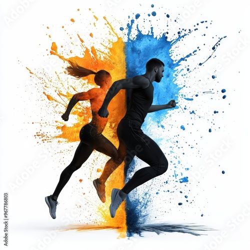 Dynamic athletes sprinting amid vibrant paint splashes, capturing movement and energy in a bold, colorful setting. photo