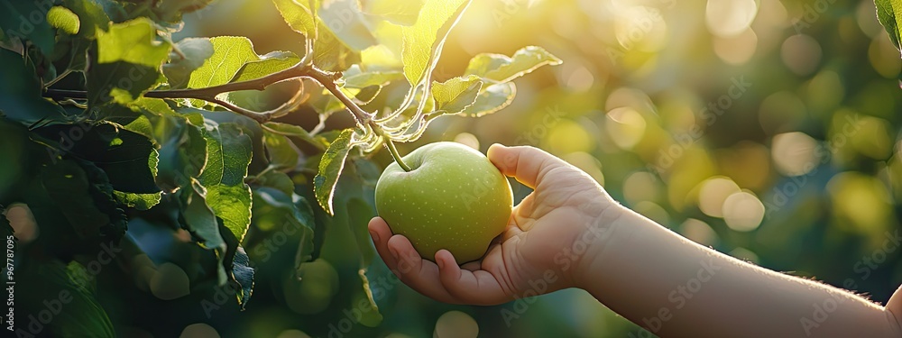 a child plucks an apple from a tree. Selective focus a child plucks an apple from a tree. Selective focus