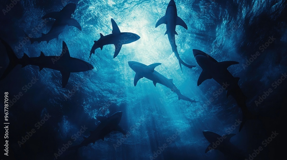 Fototapeta premium A group of sharks swimming silently through deep blue waters, creating an awe-inspiring, slightly eerie underwater scene.