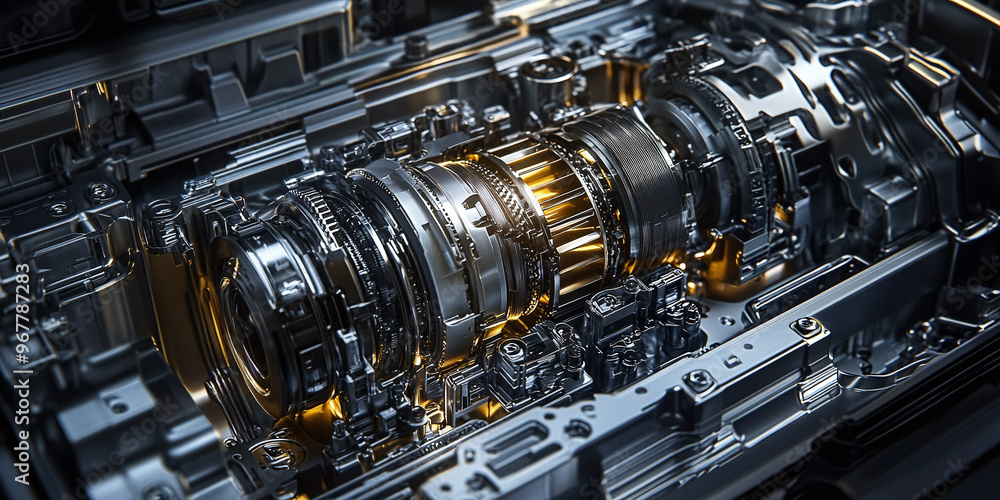 Close-up of a sleek, modern automatic transmission with a complex array of gears, wires and hydraulic lines, illuminated by soft lighting. Close-up of a sleek, modern automatic transmission with a complex array of gears, wires and hydraulic lines, illuminated by soft lighting.
