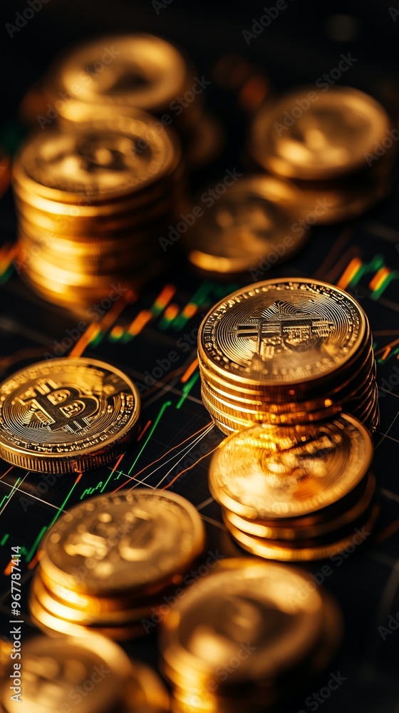 Close-up of gold Bitcoin coins stacked on a financial trading chart representing cryptocurrency investment and market trends. Close-up of gold Bitcoin coins stacked on a financial trading chart representing cryptocurrency investment and market trends.