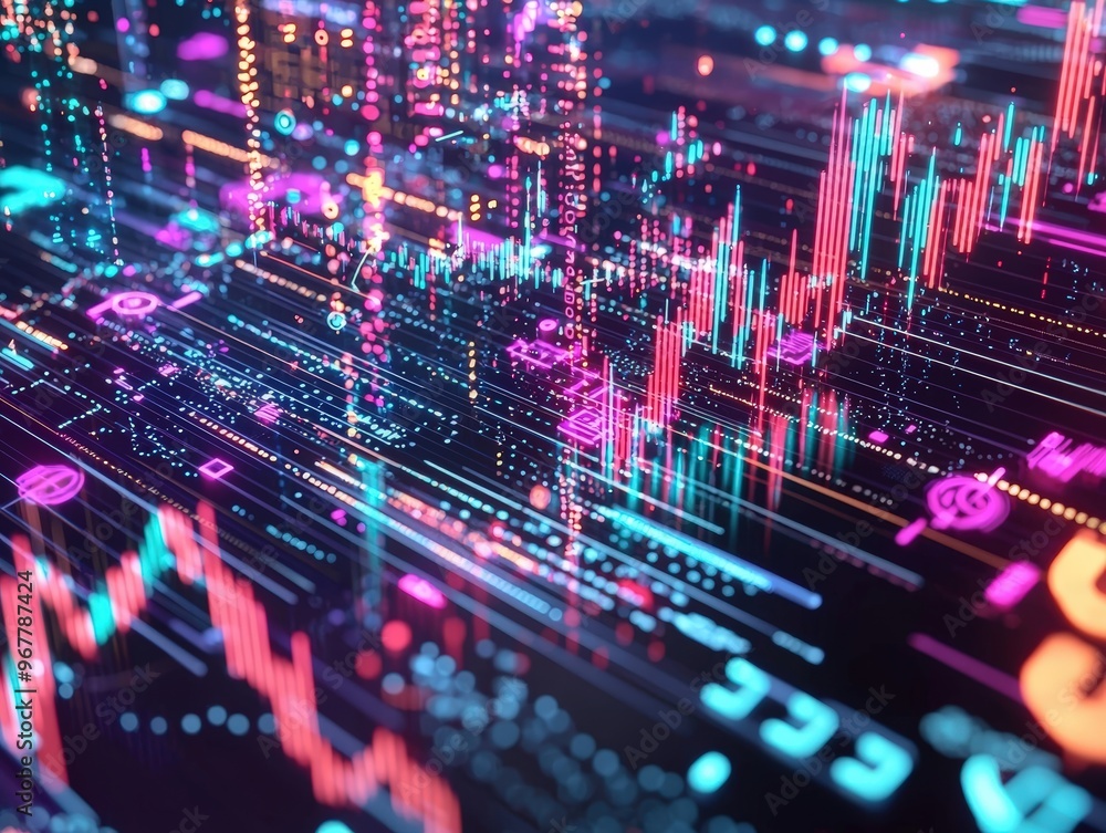 Futuristic digital data visualization with vibrant colors, depicting fluctuating graphs and trends in technology and finance. Futuristic digital data visualization with vibrant colors, depicting fluctuating graphs and trends in technology and finance.