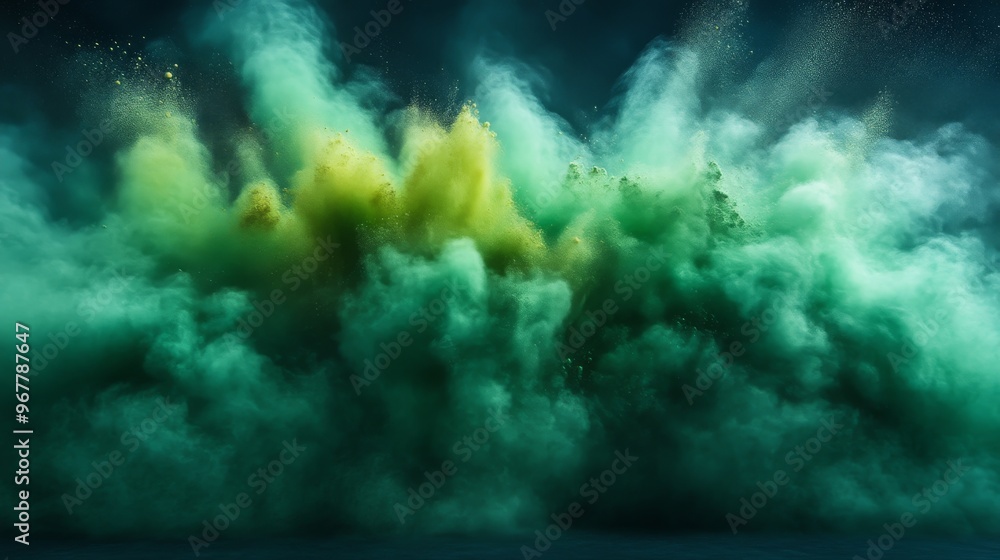 Explosive burst of colorful green and yellow powder in dark space, dynamic abstract art concept Explosive burst of colorful green and yellow powder in dark space, dynamic abstract art concept