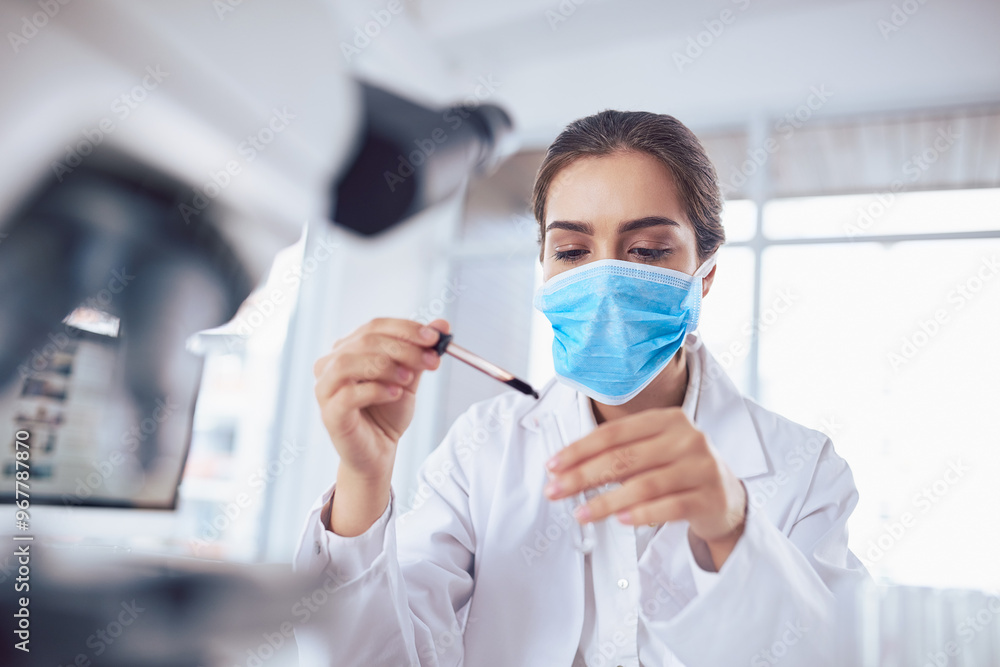 Scientist, blood or woman in laboratory for science breakthrough, clinical trial or discovery. Biology, medical testing or mask for vaccine research with vial for mpox cure or disease development Scientist, blood or woman in laboratory for science breakthrough, clinical trial or discovery. Biology, medical testing or mask for vaccine research with vial for mpox cure or disease development