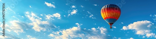 Colorful hot air balloon rises under bright blue sky amid scattered clouds photo