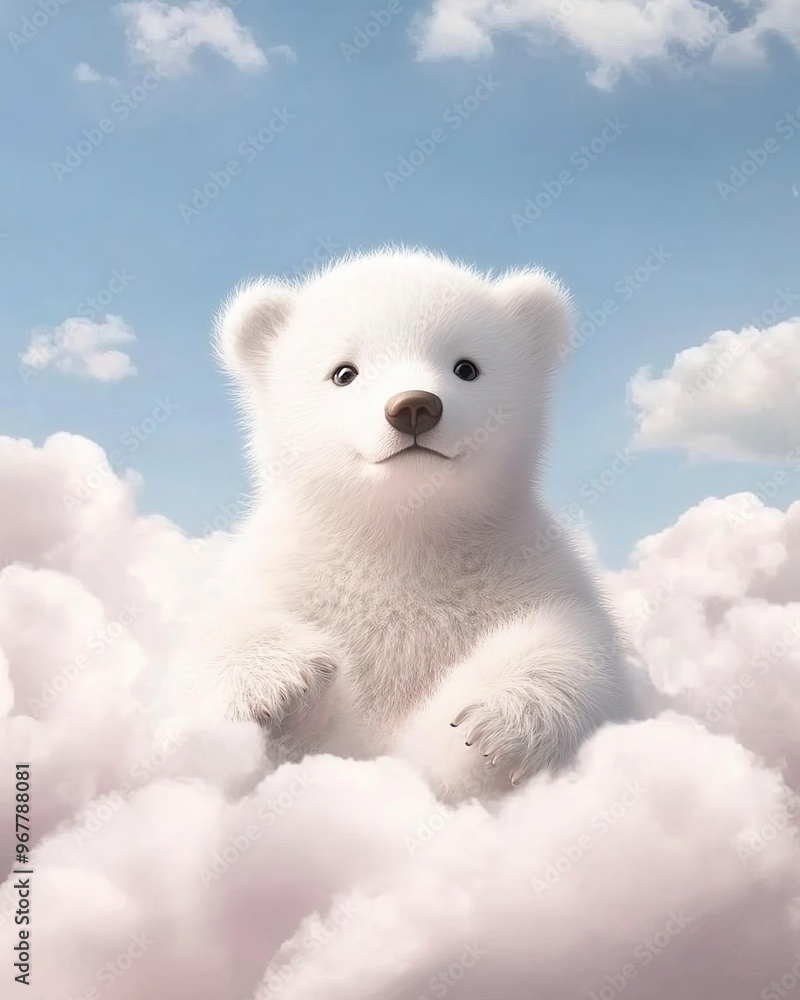 A white, fluffy bear cub sits on cotton candy A white, fluffy bear cub sits on cotton candy