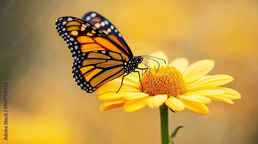 A monarch butterfly perched on a blooming daisy, its orange wings contrasting beautifully with the bright yellow petals. A monarch butterfly perched on a blooming daisy, its orange wings contrasting beautifully with the bright yellow petals.
