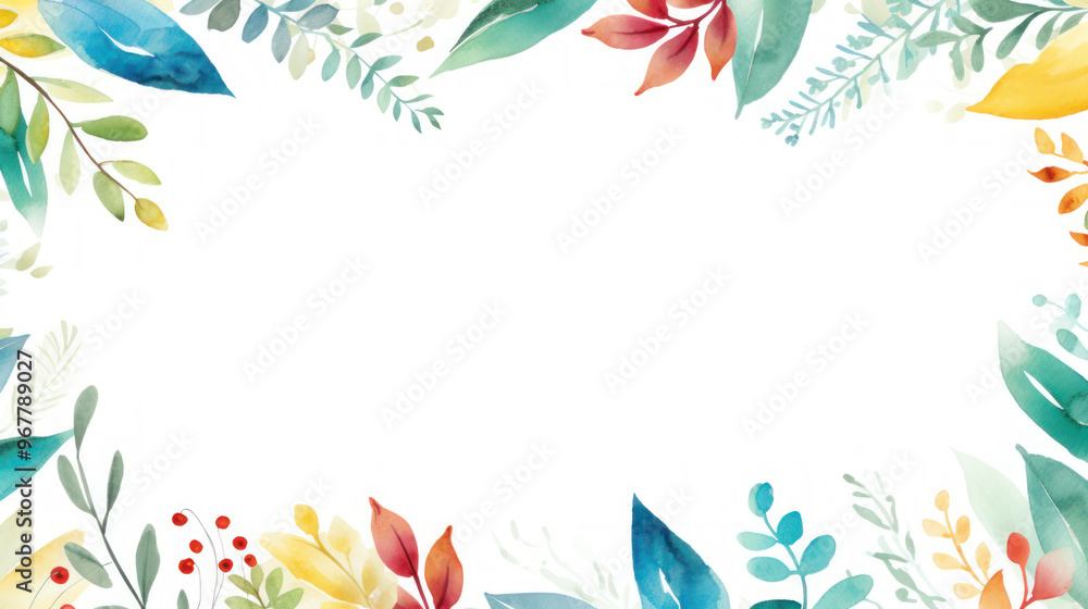 Fototapeta premium Elegant Watercolor Foliage Frame. Botanical Border with Colorful Leaves on Background with Empty Space for Text, Design