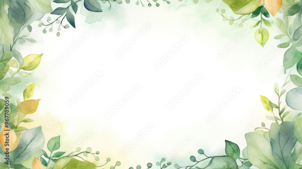 Fototapeta premium Elegant Watercolor Foliage Frame. Botanical Border with Colorful Leaves on Background with Empty Space for Text, Design