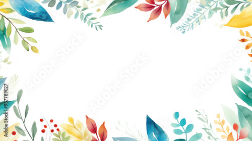 Elegant Watercolor Foliage Frame. Botanical Border with Colorful Leaves on Background with Empty Space for Text, Design