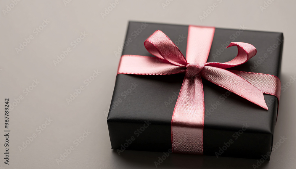 Elegant black gift box adorned with a pink ribbon, perfect for special occasions and celebrations. Elegant black gift box adorned with a pink ribbon, perfect for special occasions and celebrations.