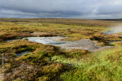 Geothermal Hot Spring Landscape with Rising Steam and Barren Terrain