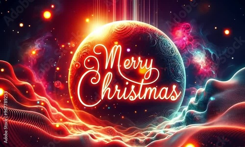 3D illustration of colorful futuritic graphics with sentences saying marry Christmas photo