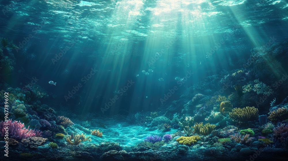 A peaceful underwater landscape with rays of sunlight breaking through the water and illuminating a coral reef below. A peaceful underwater landscape with rays of sunlight breaking through the water and illuminating a coral reef below.