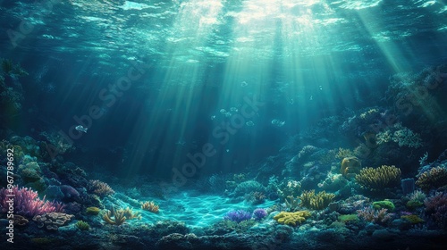 A peaceful underwater landscape with rays of sunlight breaking through the water and illuminating a coral reef below.