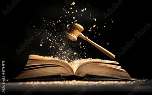 A shattered law book with a hammer above it, representing felony sanctions, Statute, Felony punishment concept photo