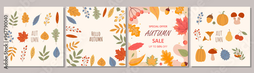 Collection Autumn Poster Templates. Abstract Fall background, cover, sale banner, flyer design. Autumn leaves, mushrooms, pumpkins. Foliage falling. Vector Set of trendy minimal autumn banners 