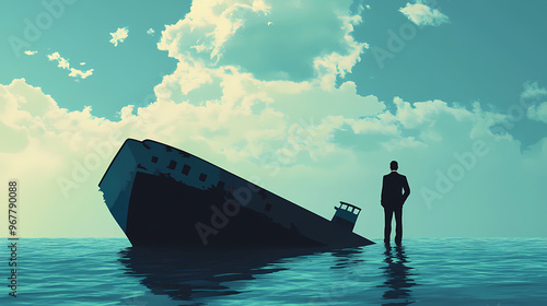 Sinking ship metaphor and failing business despair concept as a stranded businessman lost at sea as a failed corporate idea for financial crisis or being lost. Floating Ship. Illustration photo