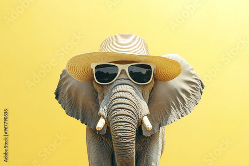 an elephant wearing a large sun hat and oversized sunglasses, standing against a bright yellow background, giving off a cool and laid-back vibe