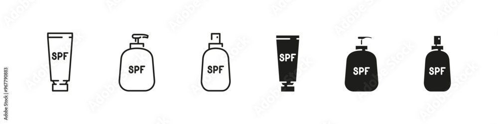 Sun protection symbols. SPF skin defense icons Sun protection symbols. SPF skin defense icons