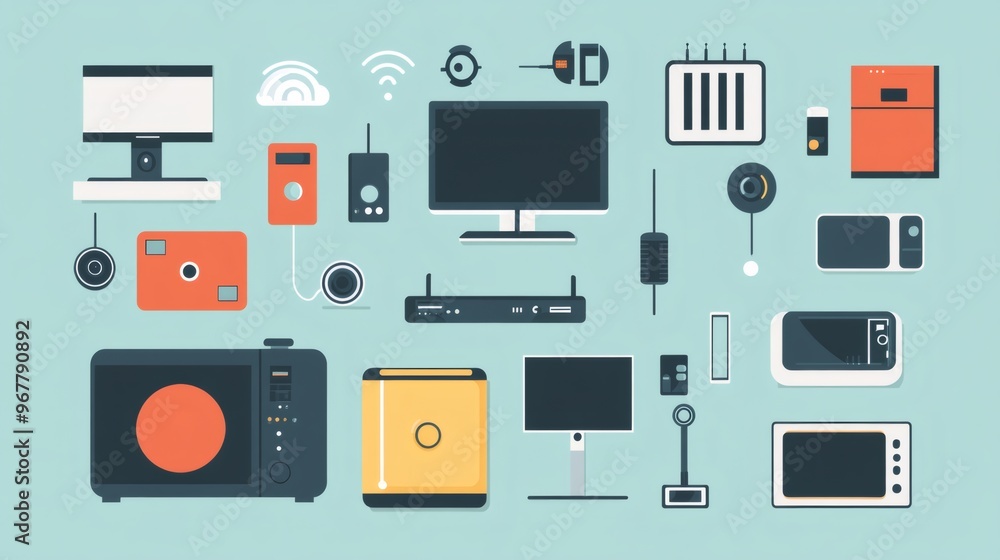 Modern Smart Home Devices and Appliances Flat Lay. Modern Smart Home Devices and Appliances Flat Lay.