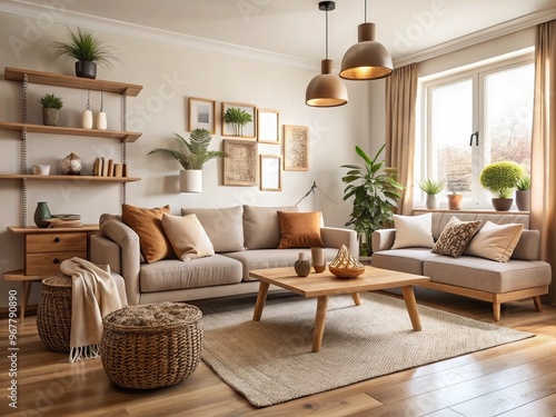 Cozy living room with neutral tones, minimalist decor, and affordable furniture, creating a warm and inviting photo