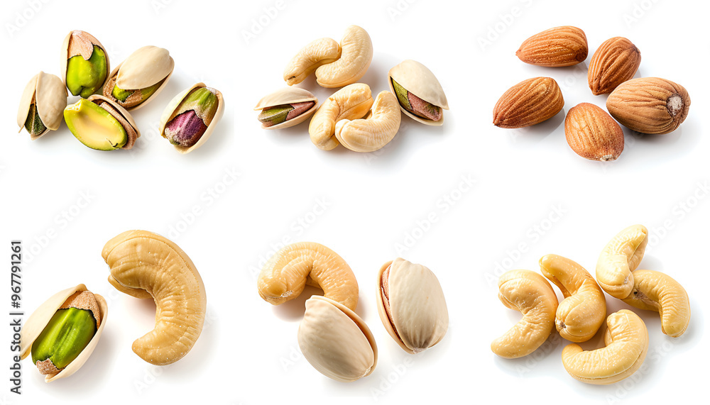 Tasty pistachio nuts and cashews isolated on white, set Tasty pistachio nuts and cashews isolated on white, set