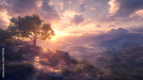 Solitary Tree on a Mountain Peak at Sunset