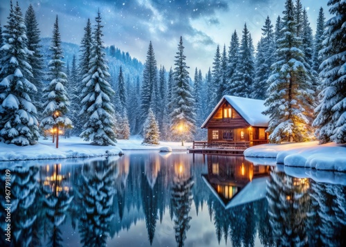 Cozy snow-covered cabin nestled among towering evergreen trees, surrounded by a serene winter wonderland with photo