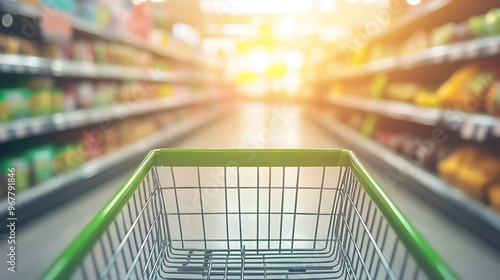 Shopping Cart in Supermarket Aisle