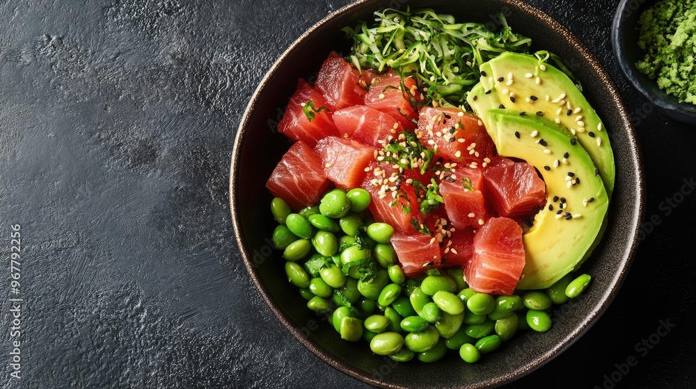 A vibrant poke bowl filled with fresh tuna, avocado, and edamame, captured from above on a dark, contrasting background. A vibrant poke bowl filled with fresh tuna, avocado, and edamame, captured from above on a dark, contrasting background.