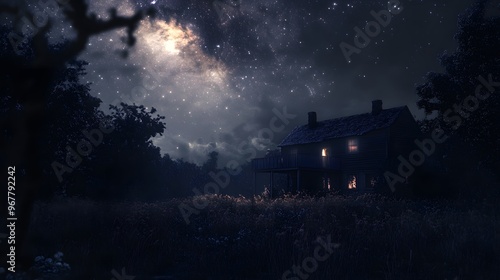 Night sky with a house and stars