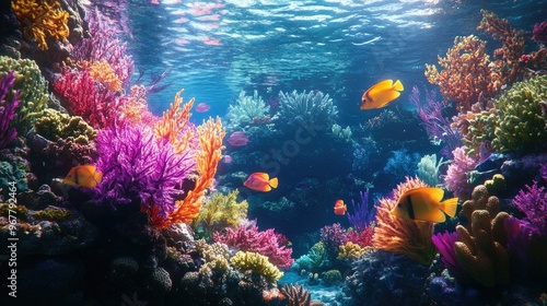 A vibrant coral reef underwater with colorful fish swimming through the corals, creating a peaceful marine scene.