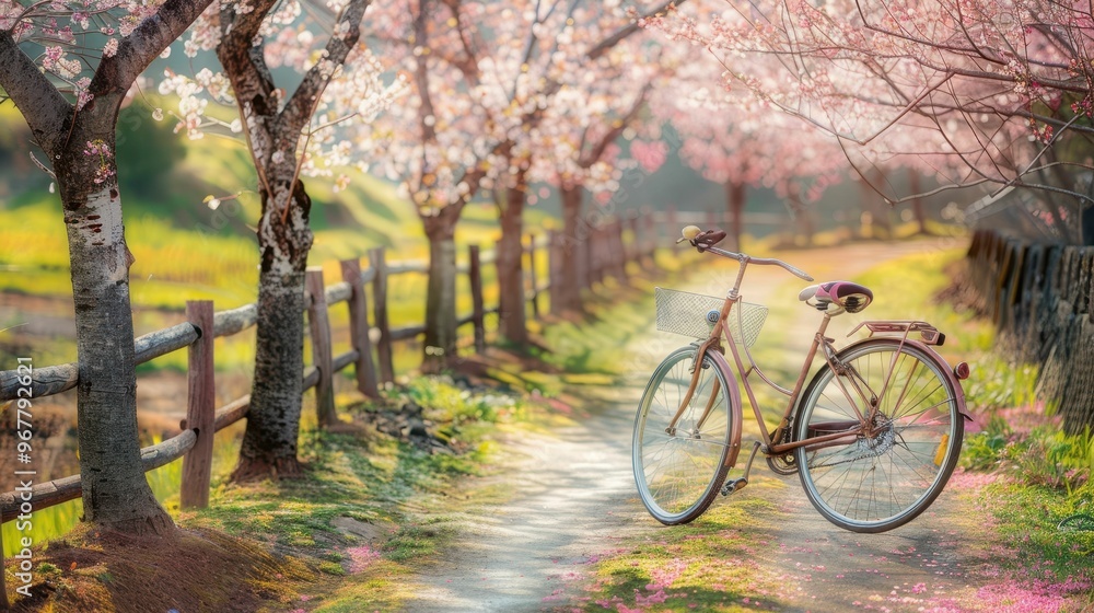 A bicycle leans against a fence in a path lined with blooming cherry trees. A bicycle leans against a fence in a path lined with blooming cherry trees.