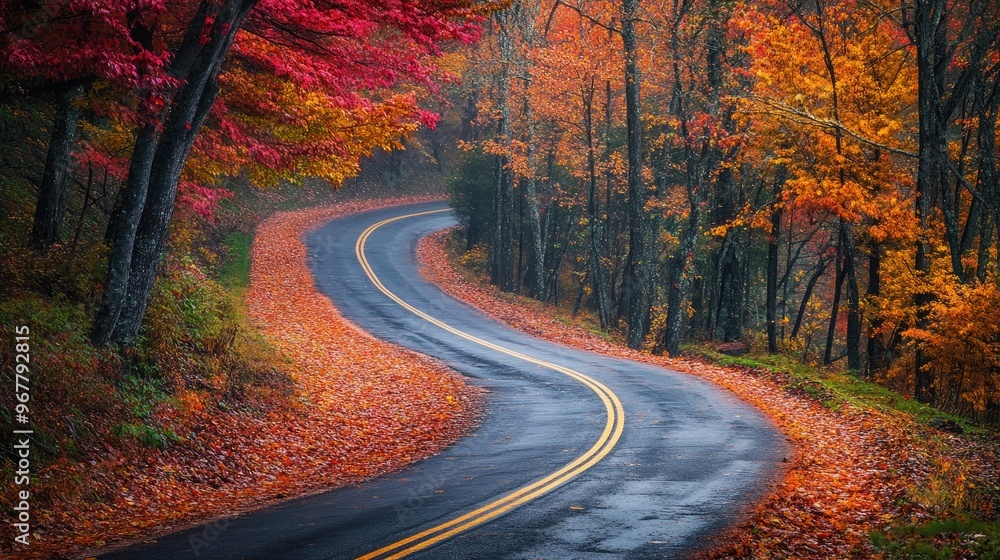 Fototapeta premium Mountain road lined with colorful autumn foliage