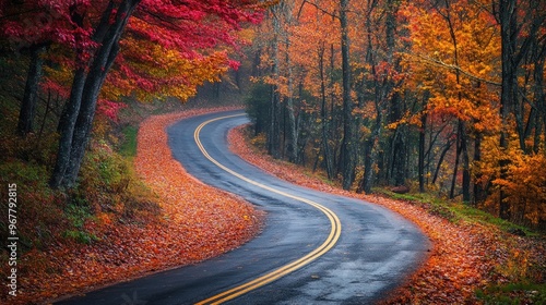 Mountain road lined with colorful autumn foliage