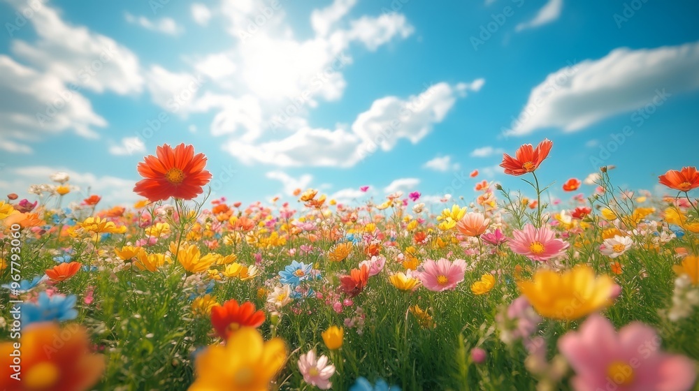 A field of wildflowers in full bloom stretches to the horizon under a bright blue sky. Colorful petals are captured in sharp focus, while soft clouds float gently in the distance. A field of wildflowers in full bloom stretches to the horizon under a bright blue sky. Colorful petals are captured in sharp focus, while soft clouds float gently in the distance.